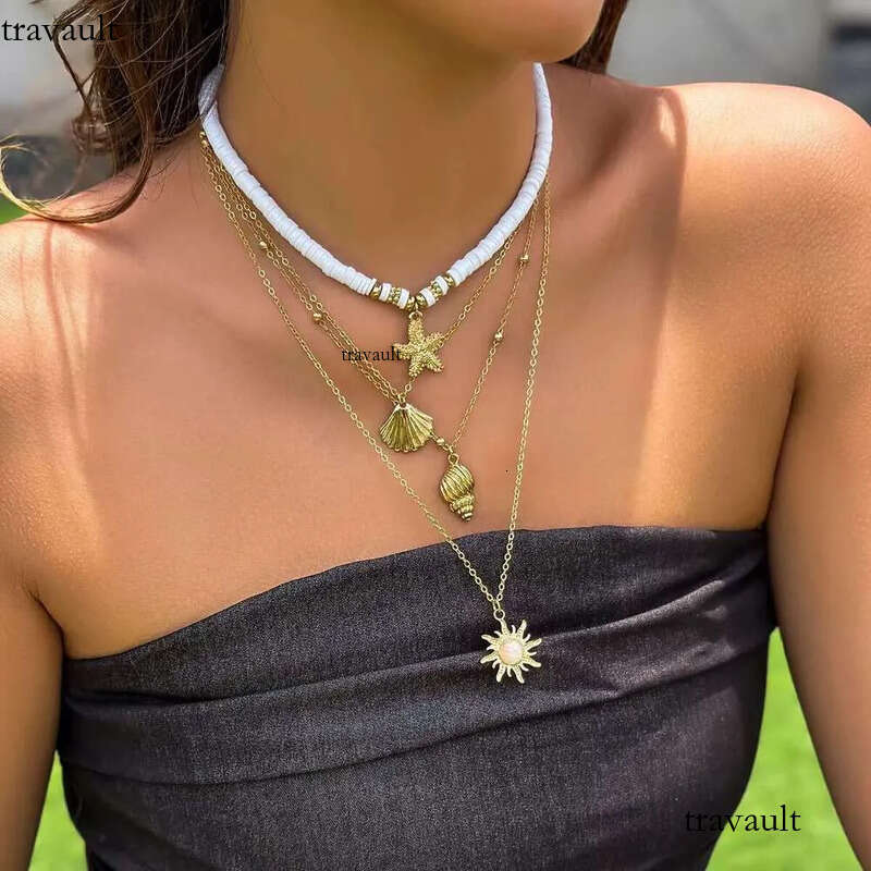 DHCollections Summer Beach Sea Wind Shell Conch Fringe Multi-Layer Polymer Clay Glass Seed Bead Natural Stone Necklace Jewelry for Women