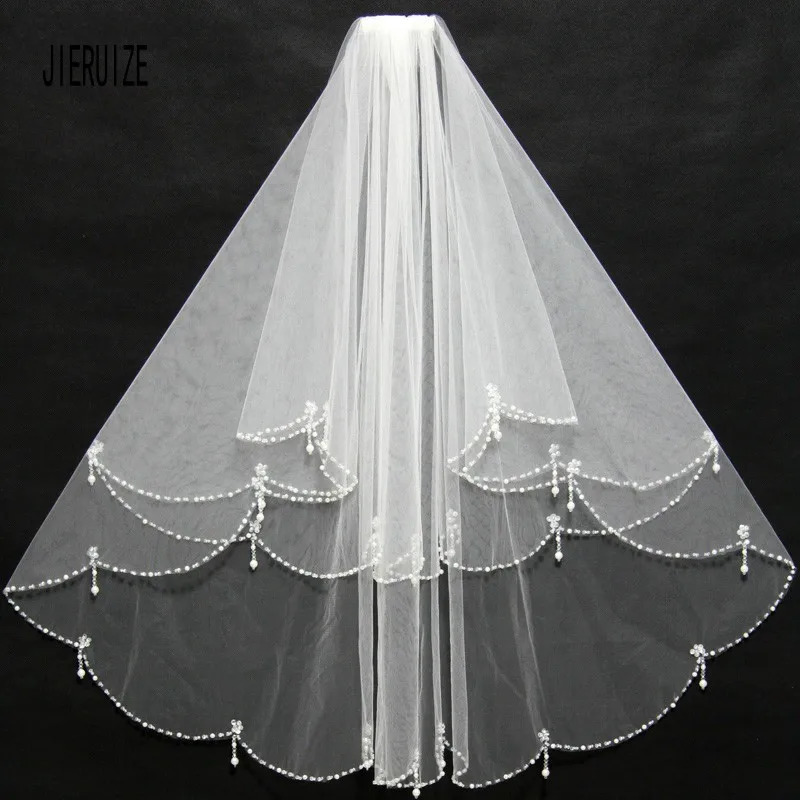 JIERUIZE Bling Beaded Edge Wedding Veils With Comb Two Layer Tulle Short Bridal Veil White Ivory Wedding Accessories 250929