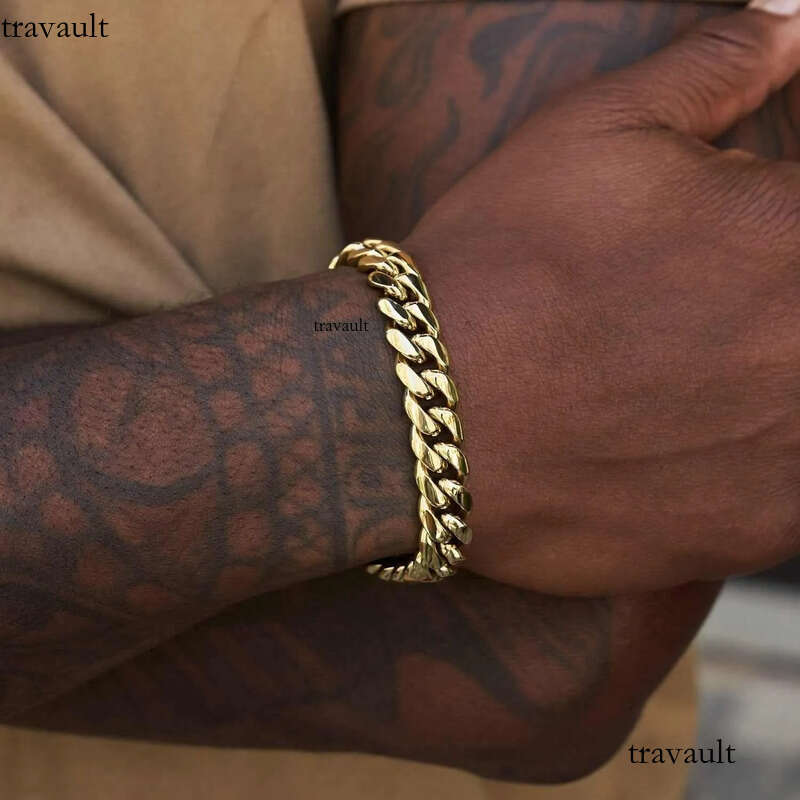 10/12MM Titanium Steel Plated Gold Miami Cuban Link Chain Mens Necklace Inlaid CZ Dia In Spring Buckle Personalized chains Hip Hop Designer Jewelry Gi