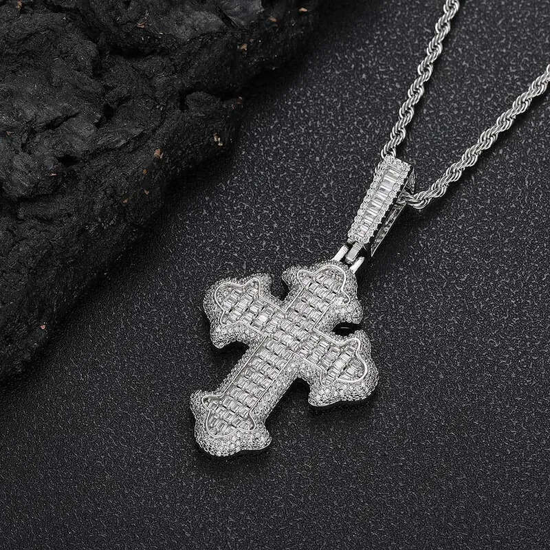 Hip Hop Fashion Charm Cross Pendant Necklace Zircon Crystal Real Gold Plated Women Men Religion Jewelry Gifts