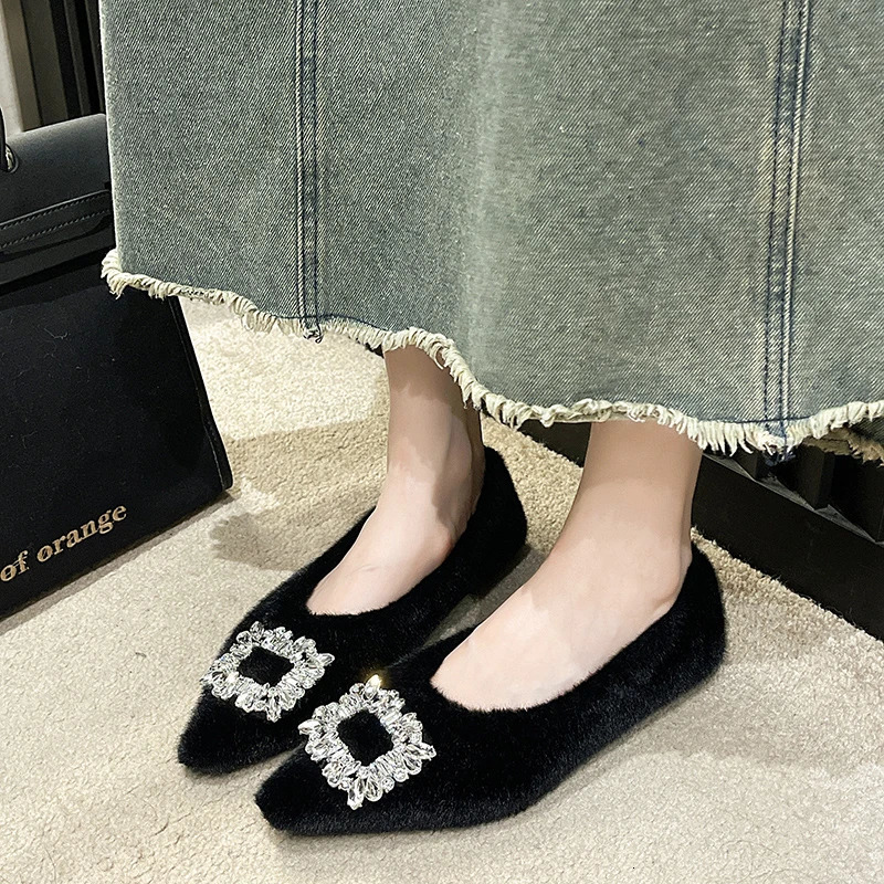 Aphixta Crystal Buckle Slip On Flats Soft Furry Shoe Shallow Flat With Women Loafers Pointed Toe Warm Casual Shoes 250930
