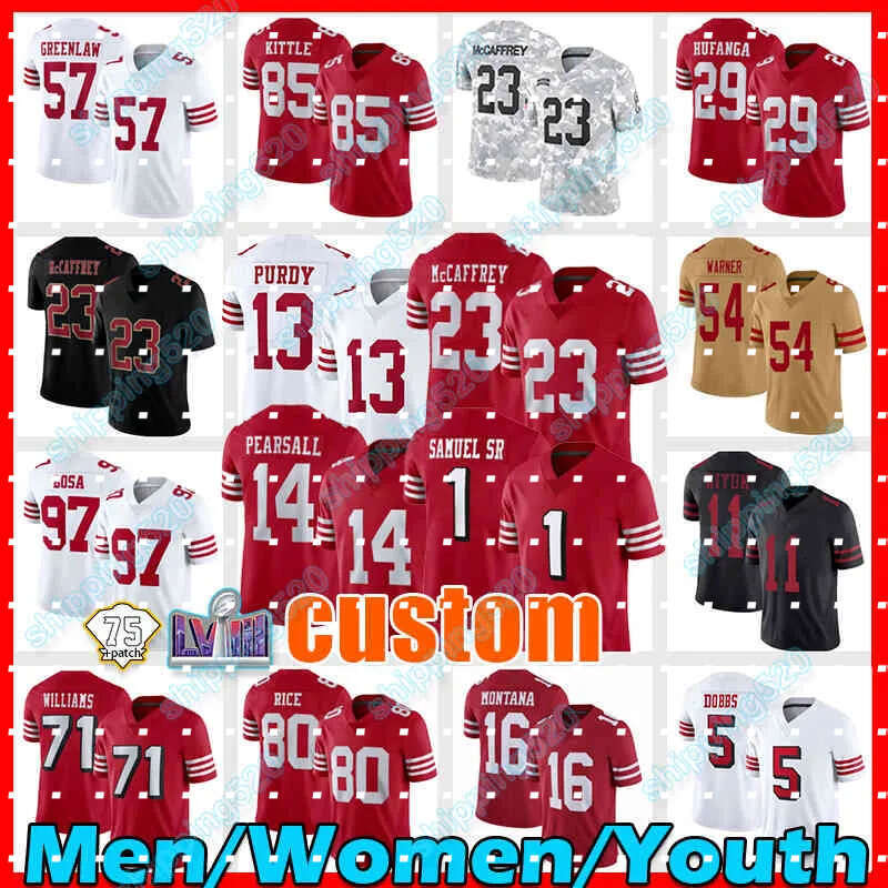 Brock Purdy Football Jersey Niners Christian McCaffrey Deebo Samuel 5 Joshua Dobbs Brandon Aiyuk Dre Greenlaw Jauan Jennings Jerry Rice Steve Young Talanoa