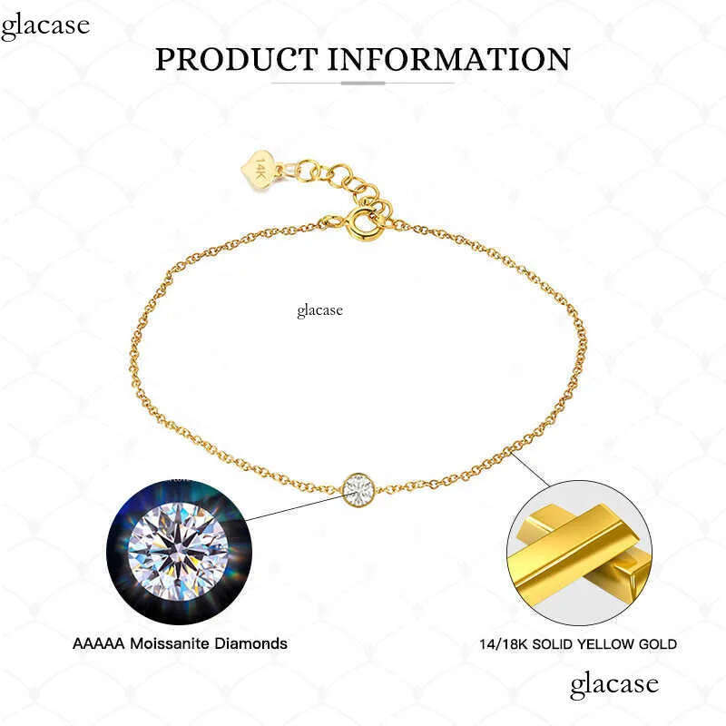 GB17 RINNTIN 14K Solid Yellow Gold Lobster Clasp Strand Cut Cable Chain Solitaire Bezel Set Moissanite Dia Bracelet 83