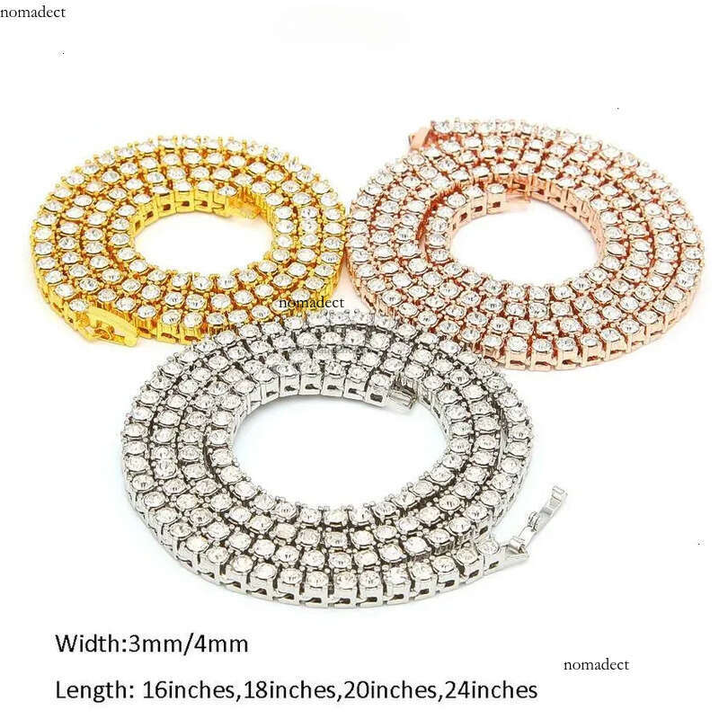 Designer mens hiphop chains dia one row tennis hip hop jewelry necklace 3mm 4mm sier rose gold crystal chain necklaces 55