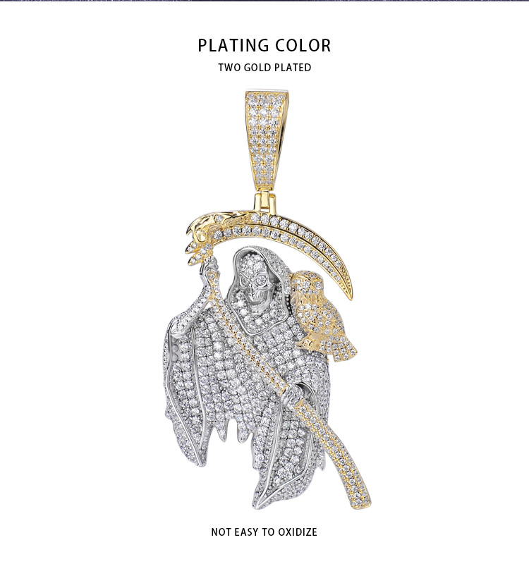 Hiphop 925 Silver Black VVS Moissanite Cz Diamonds Two Tone Plated Santa Muerte Grim Reaper Death Pendant in Mexico