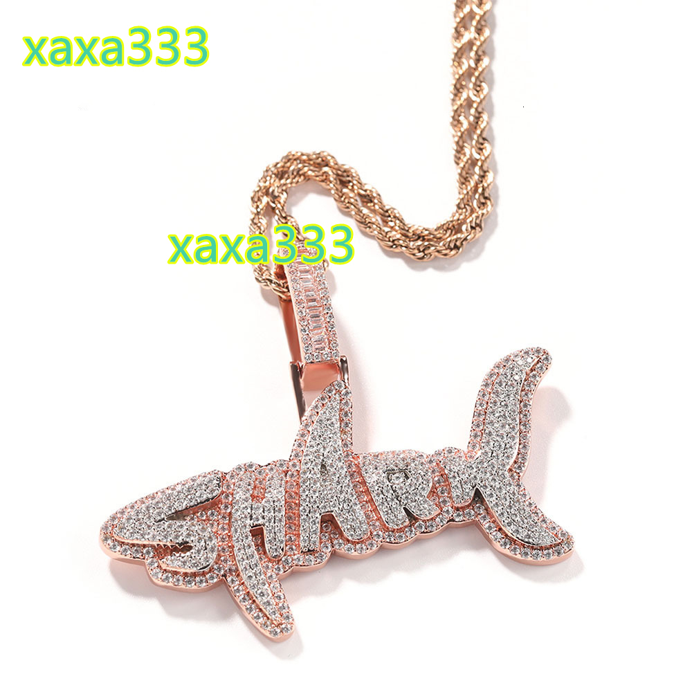 Fashionable personalized double-color micro-set diamond ice species shark letter hip-hop S925 necklace pendant jewelry