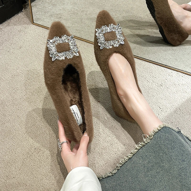 Aphixta Crystal Buckle Slip On Flats Soft Furry Shoe Shallow Flat With Women Loafers Pointed Toe Warm Casual Shoes 250930