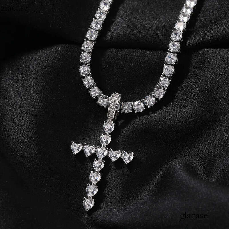 Hip Hop Fashion Charm Heart Shape Zircon Cross Pendant Necklace Crystal Real Gold Plated Women Men Religion Jewelry d6