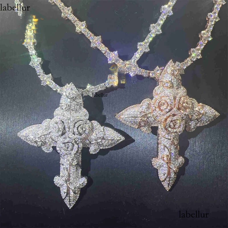 In Stock Fashion Man Jewelry Gold Color Hip Hop S VVS1 Moissanite Dia Rose Flower Cross Pendant Necklace Set 57