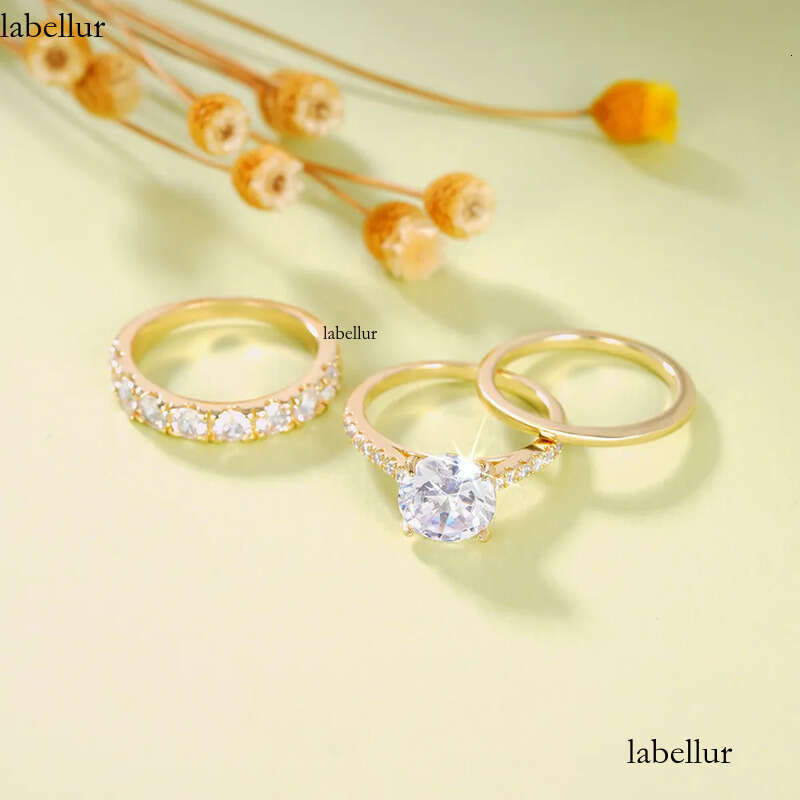 3PCS Wedding Rings Elegant Vintage Jewelry 10KT Gold Fill Round Cut White Cubic Zircon CZ Dia Gemstones Party Eternity Women Bridal Ring Set Gift c1