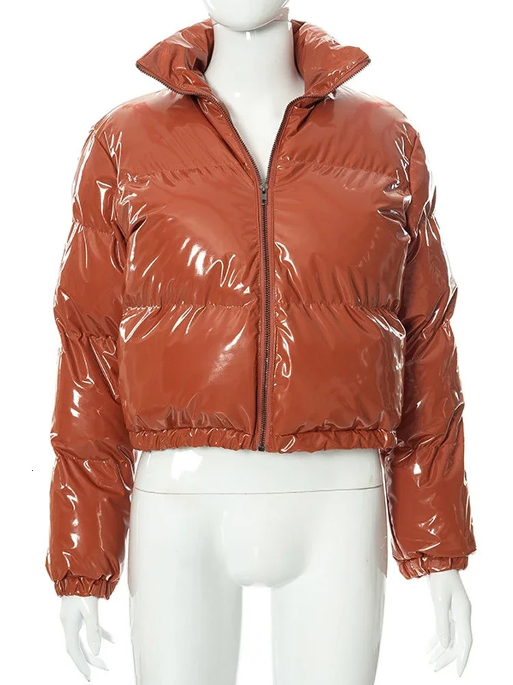 Pink PU Faux Leather Cropped Puffer Jacket 2025 Autumn Winter Fashion Long Sleeve Thick Warm Casual Bubble Coats Female 250922