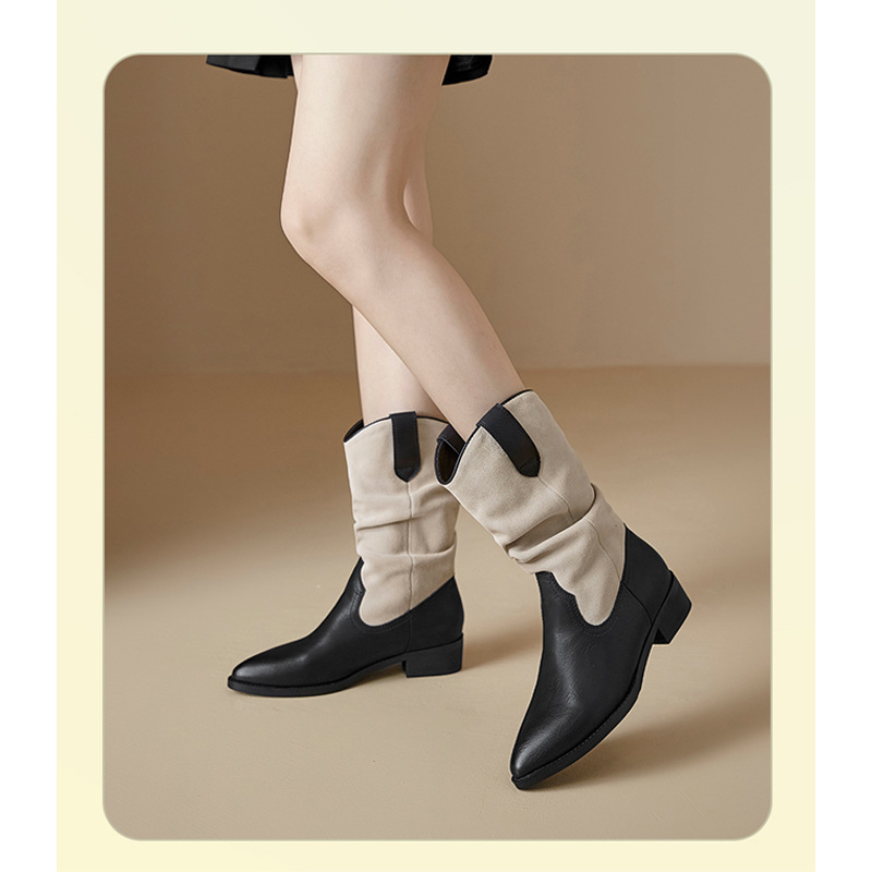 Brown Western Cowboy Boots Women's Fall/Winter 2025 New Pointed Mid-Leg Maillard Knight Stacked Thick-Heeled Booties