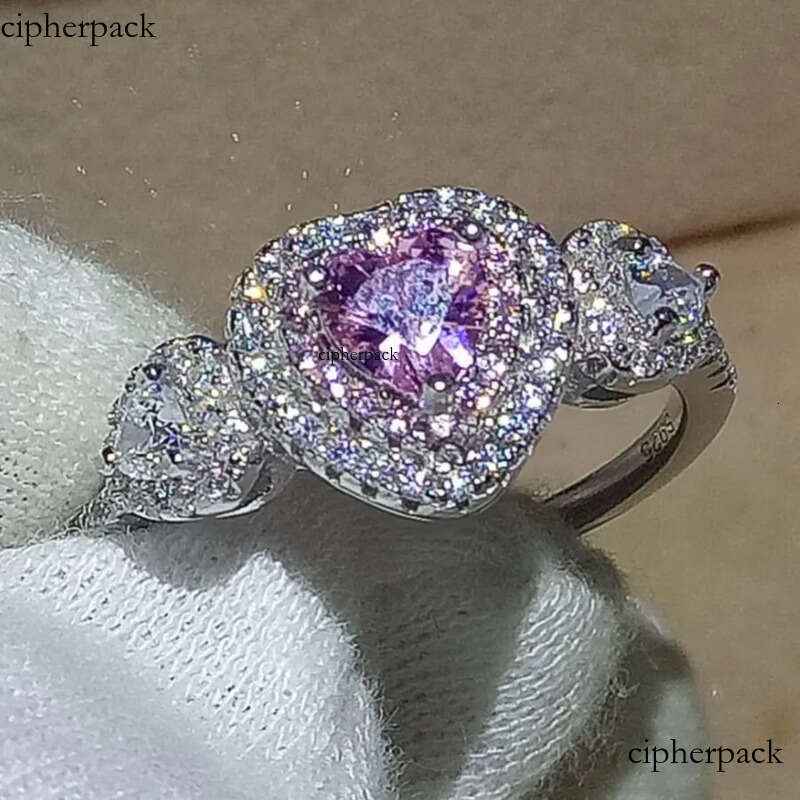 Heart Shape Promise ring 100% Real Soild Sterling sier Jewelry Pink Sapphire CZ Dia Engagement wedding band rings for women men 85
