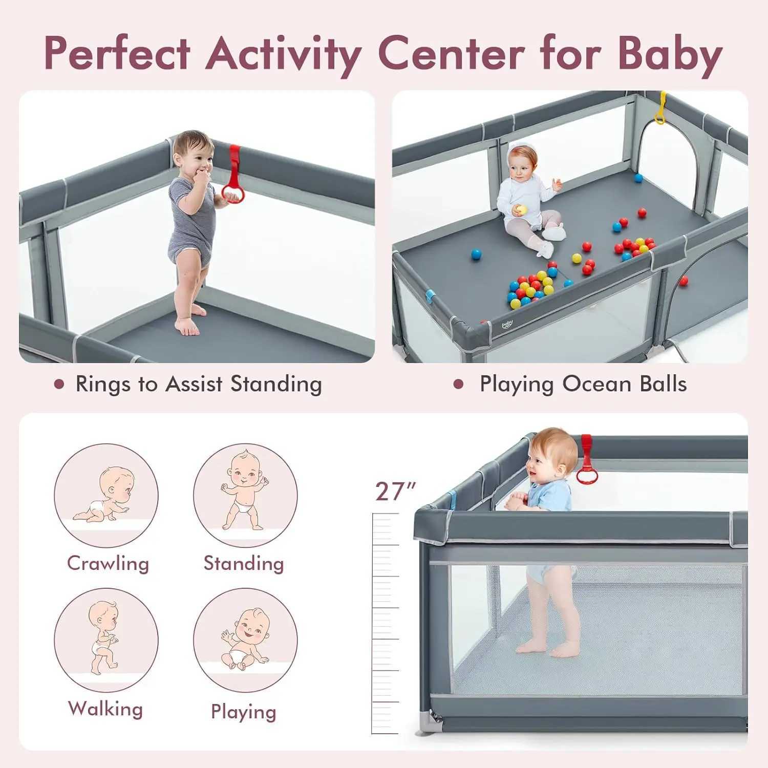 Playpen for Toddlers Extra Large Playard Playpen for Toddlers Indoor Outdoor with Ocean Balls NonSlip Suction Cups Handleb C250929