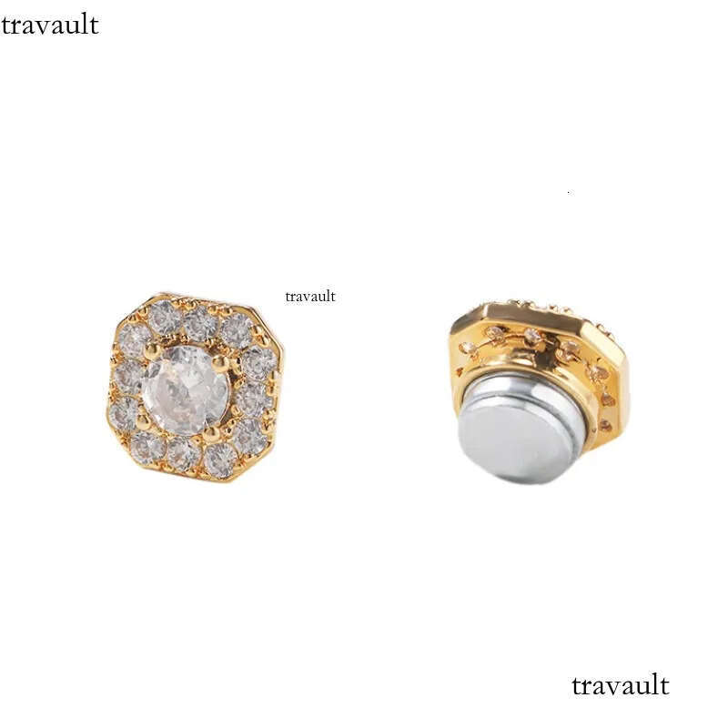 Unisex Fashion No-piecing White Yellow Gold Plated Bling CZ Magnetic Earrings Studs for Men Women Jewelry Gift