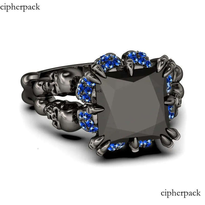 Vintage Punk Fashion Jewelry Wholesale New Brand 10KT Black Gold Filled Big Blue Sapphire Dia Women Wedding Skull Band Ring Gift Box 6b