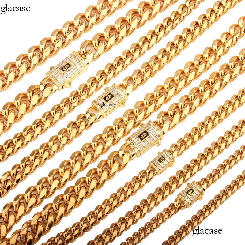 6mm-14mm Hip Hop Stainless Steel Miami Cuban Link Chain Real Gold Plated T Zircon Clasp Mens Necklace Jewelry 73