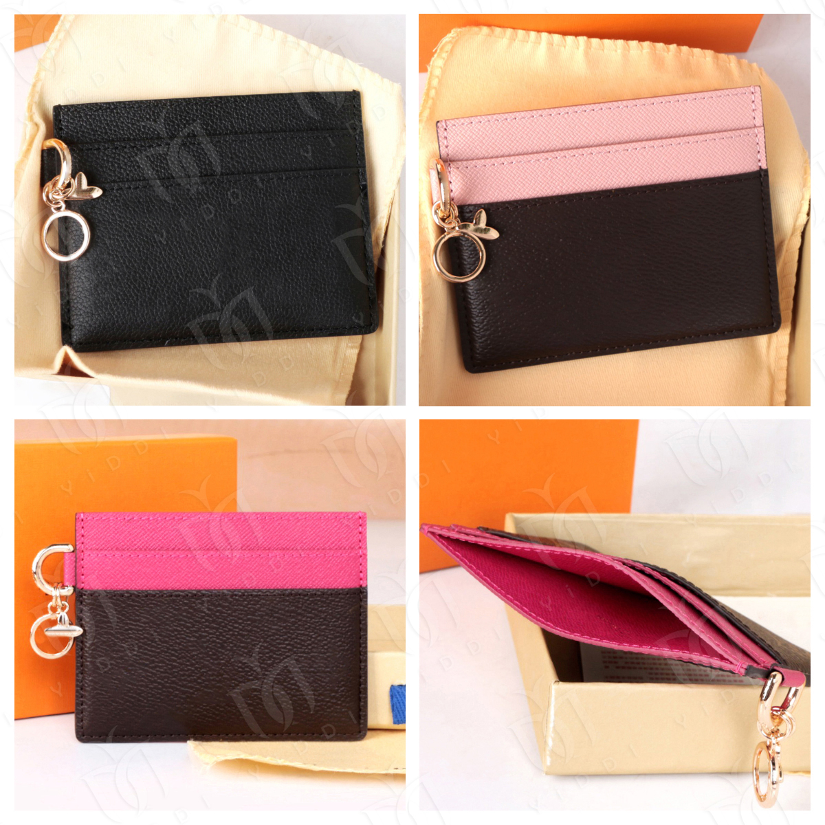 Womens Luxury Slim Business Card Holder coin purse Top Quality Designer Slim leather wallet Flower Pendant Brown print wallet Elegant Women's ID Credit Card Pocket