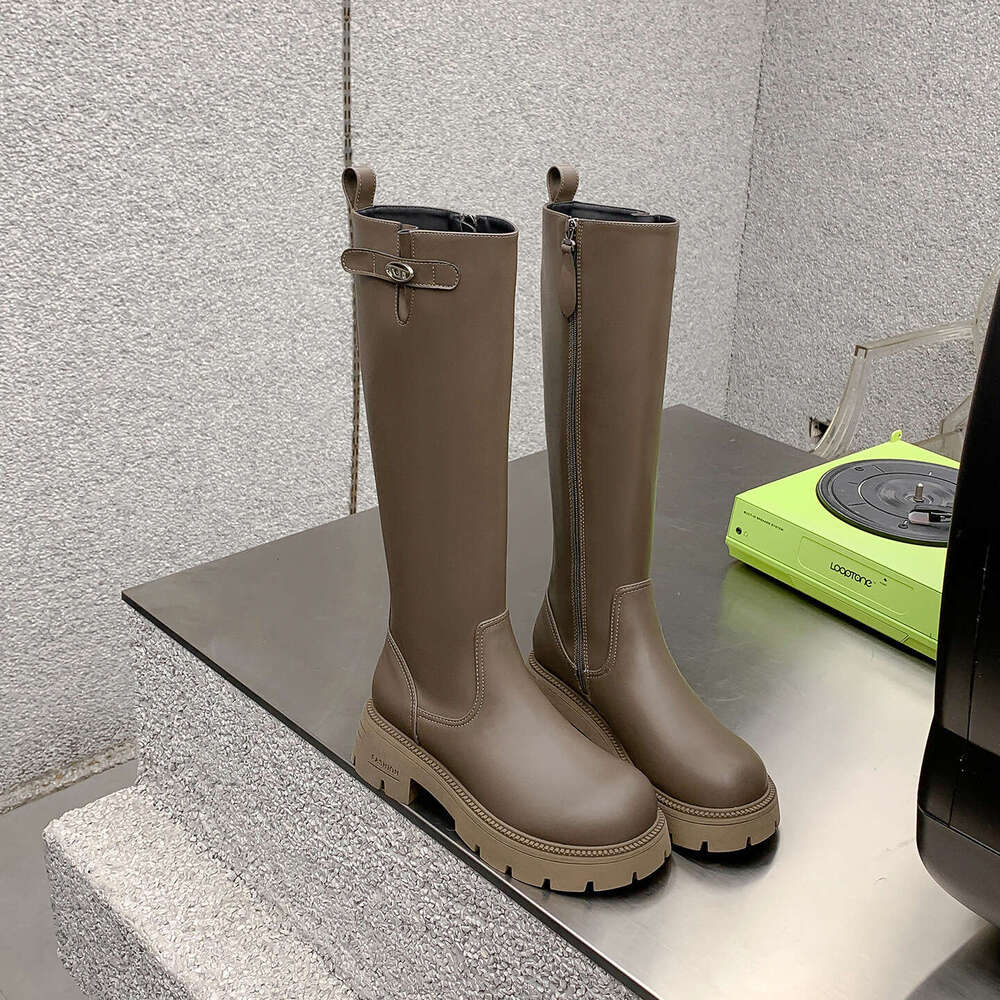 Shoes British Belt Buckle High Tube Knight Petite Thick Sole with Fleece Lining Chunky Heel Long Boots for Women Trendy