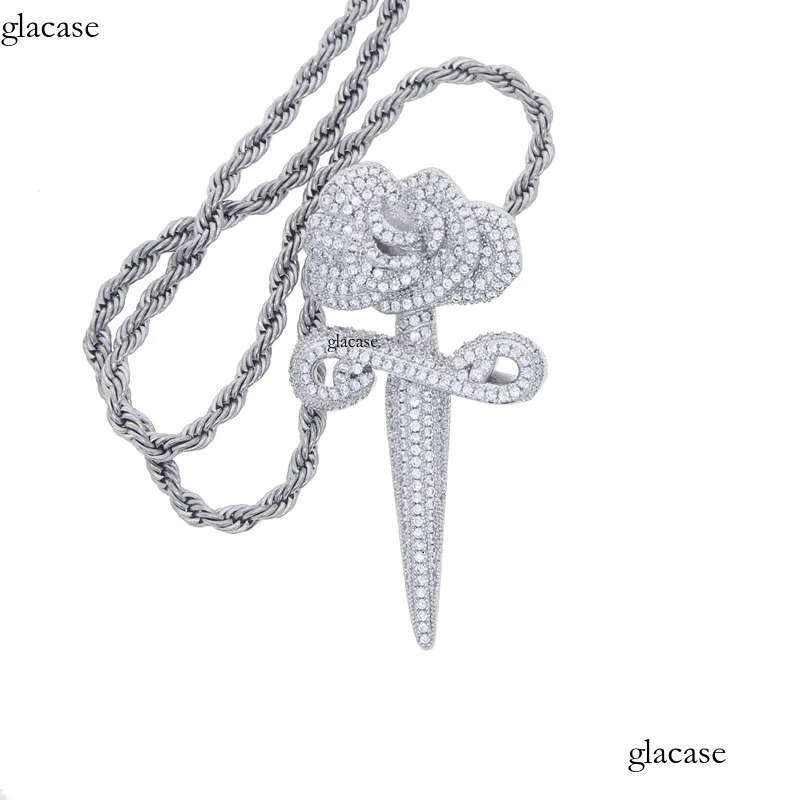 Hip Hop Rose Flower Cross Pendant Necklace 5A Zircon White Gold Plated Religious Jewelry 74