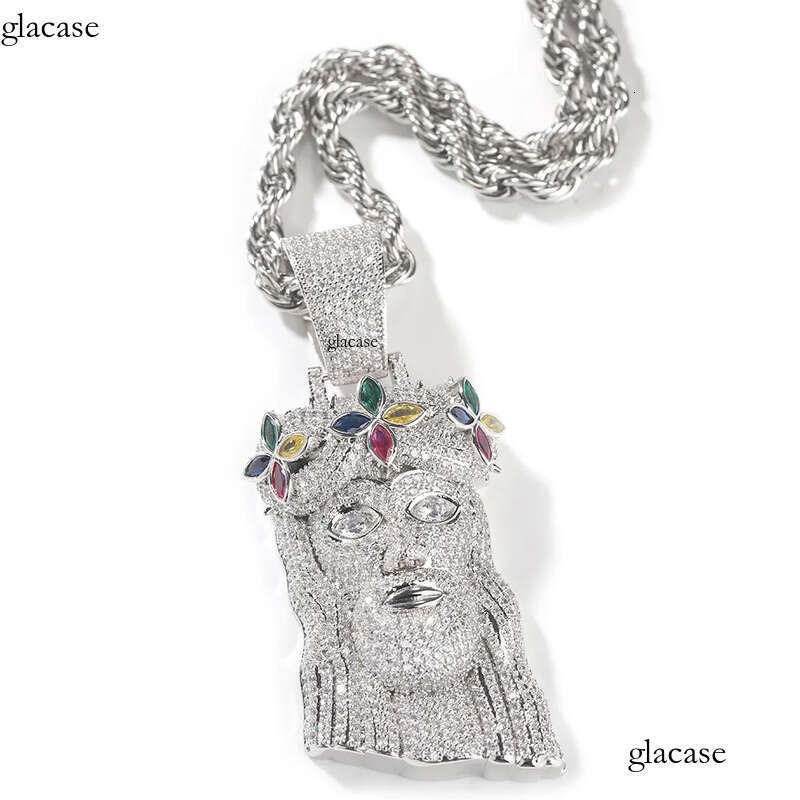Hip Hop Colorful Cross Flower Jesus Pendant Necklace 5A Zircon Religious Jewelry c7