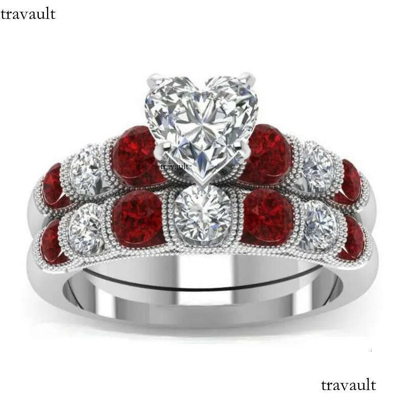 Drop Shipping High Quality Vintage Fashion Jewelry Sterling Sier Pear Cut Topaz&Ruby CZ Gemstones Women Wedding Bridal Heart Ring Set