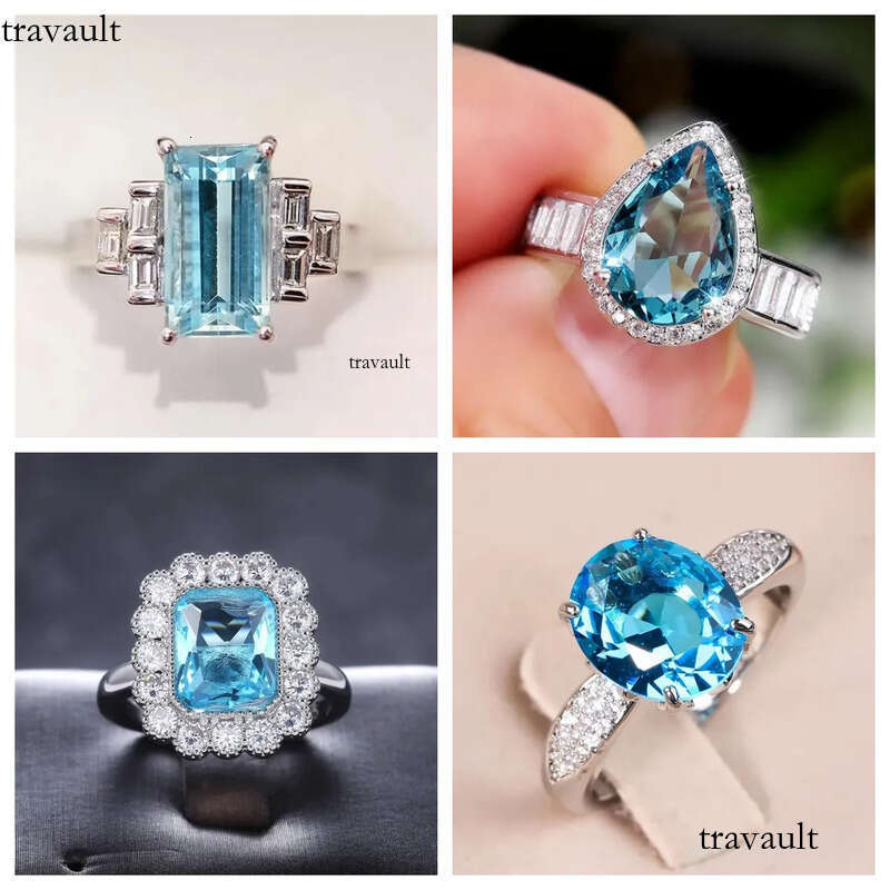 Wholesale Bulk Aquamarine Cluster Rings Sier Wedding Engagement For Women Huge Sky Blue Cubic Zircon Prong Setting Valentine's Gift