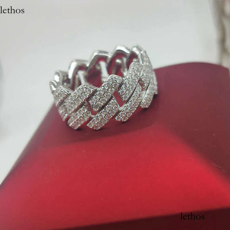 Custom Moissanite Cuban Ring S Sier with 2rows Hip Hop Mens White Gold Plated Vvs Dia Rings 29