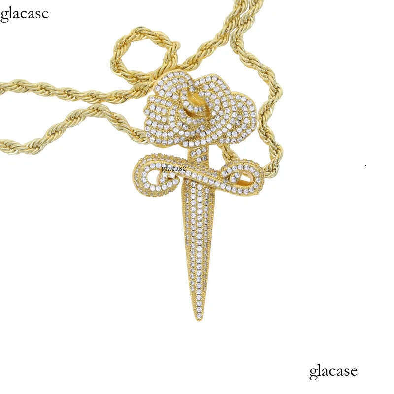 Hip Hop Rose Flower Cross Pendant Necklace 5A Zircon White Gold Plated Religious Jewelry 74