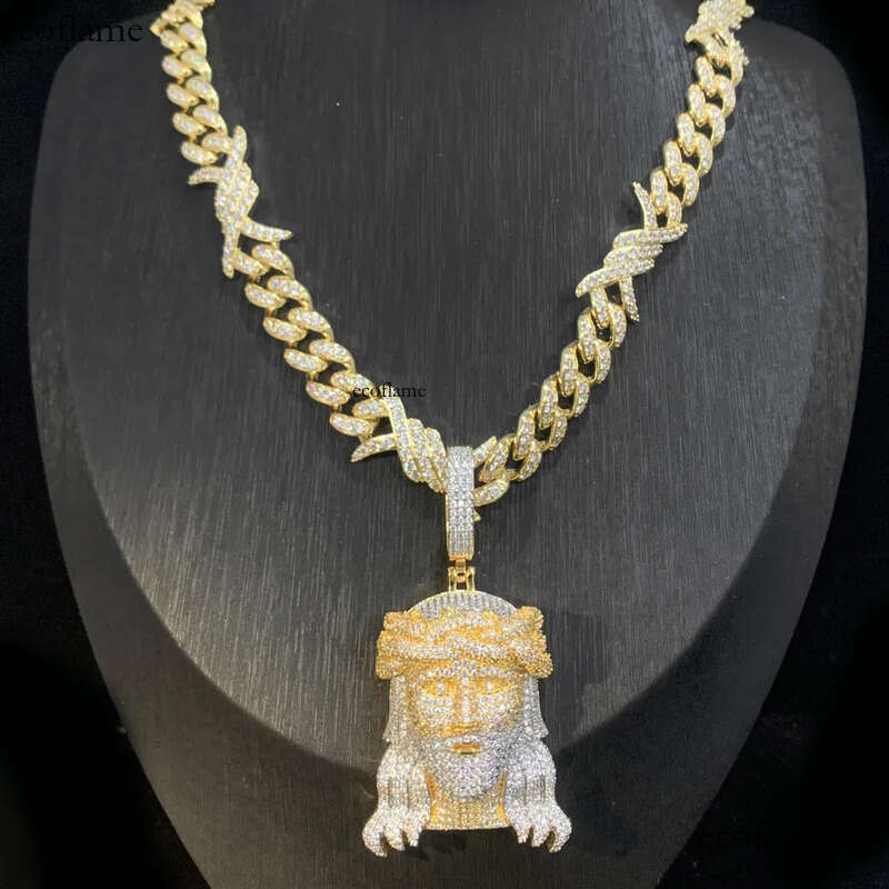 Hip Hop Jesus Face Pendant Necklace with Cuban Chain Jewelry Set Gold Plated