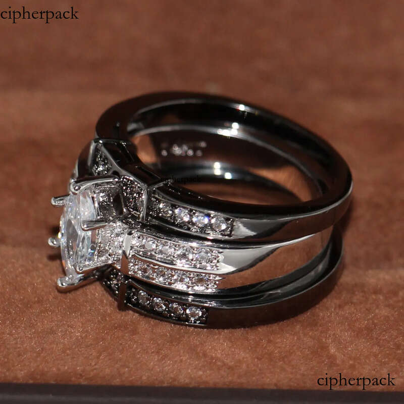 Vintage Fashion Jewelry High Quality 14KT White&Black Gold Filled Marquise CZ Dia Topaz Gemstones 3 IN 1 Wedding Couple Ring Set Gift 96