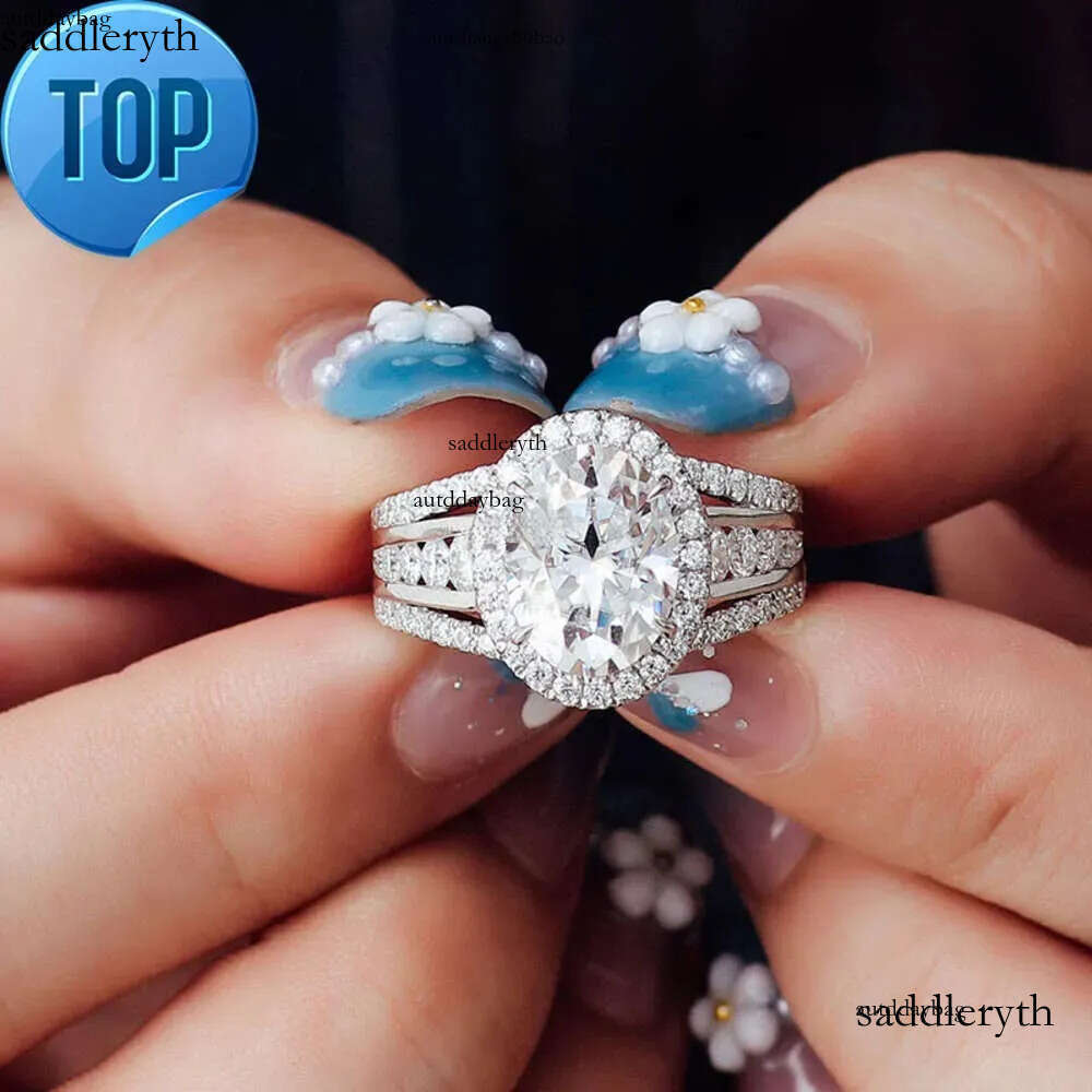 Oval Shape Cluster Dia Moissanite VVS DEF Wedding Rings With 3 rows Paved stones Sier 10K 14K Gold Engagement ring 99