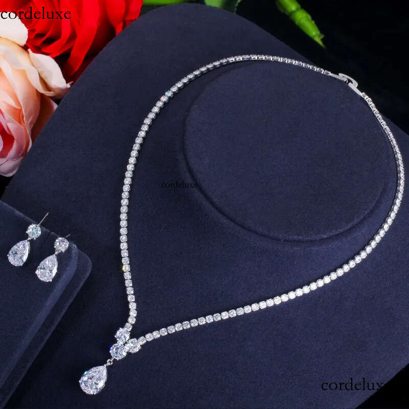 Choucong Original Wedding Jewelry Sets White Gold Fill Water Drop 5A Cubic Zircon CZ Dia Party Women Stud Earrings Bridal Tennis Necklace Gift a0