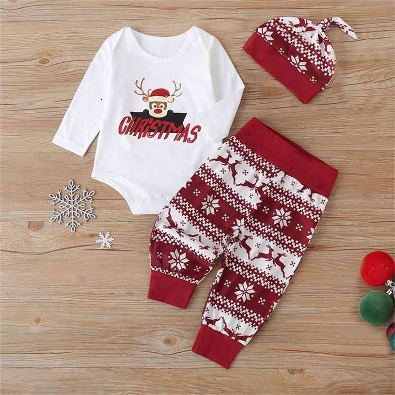 Arrivals Winter Boys Sets Long Sleeve Rompers Red Patchwork Trousers Cute Hat Christmas style 3Pcs Clothes 210629