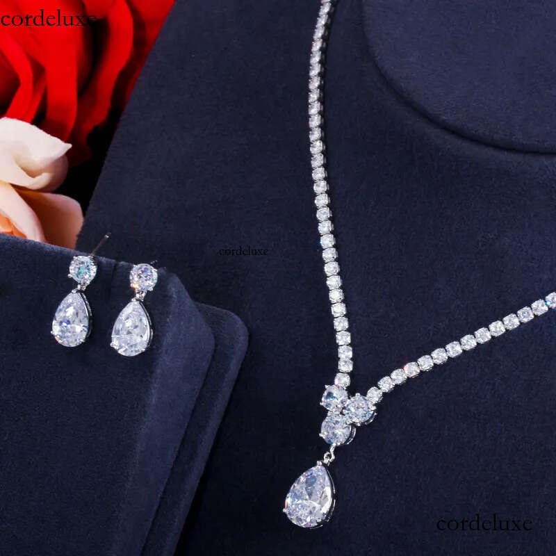 Choucong Original Wedding Jewelry Sets White Gold Fill Water Drop 5A Cubic Zircon CZ Dia Party Women Stud Earrings Bridal Tennis Necklace Gift a0