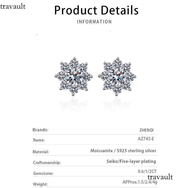 DHcollection S Sterg Sier Plated Snowflake Pt950 Gold Earring Round Cut 1-2 Carat Moissanite Women Earrings Wholesale
