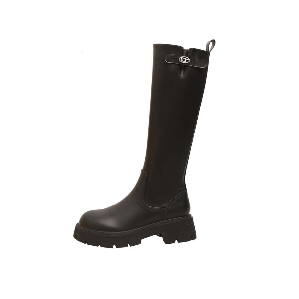 Shoes British Belt Buckle High Tube Knight Petite Thick Sole with Fleece Lining Chunky Heel Long Boots for Women Trendy