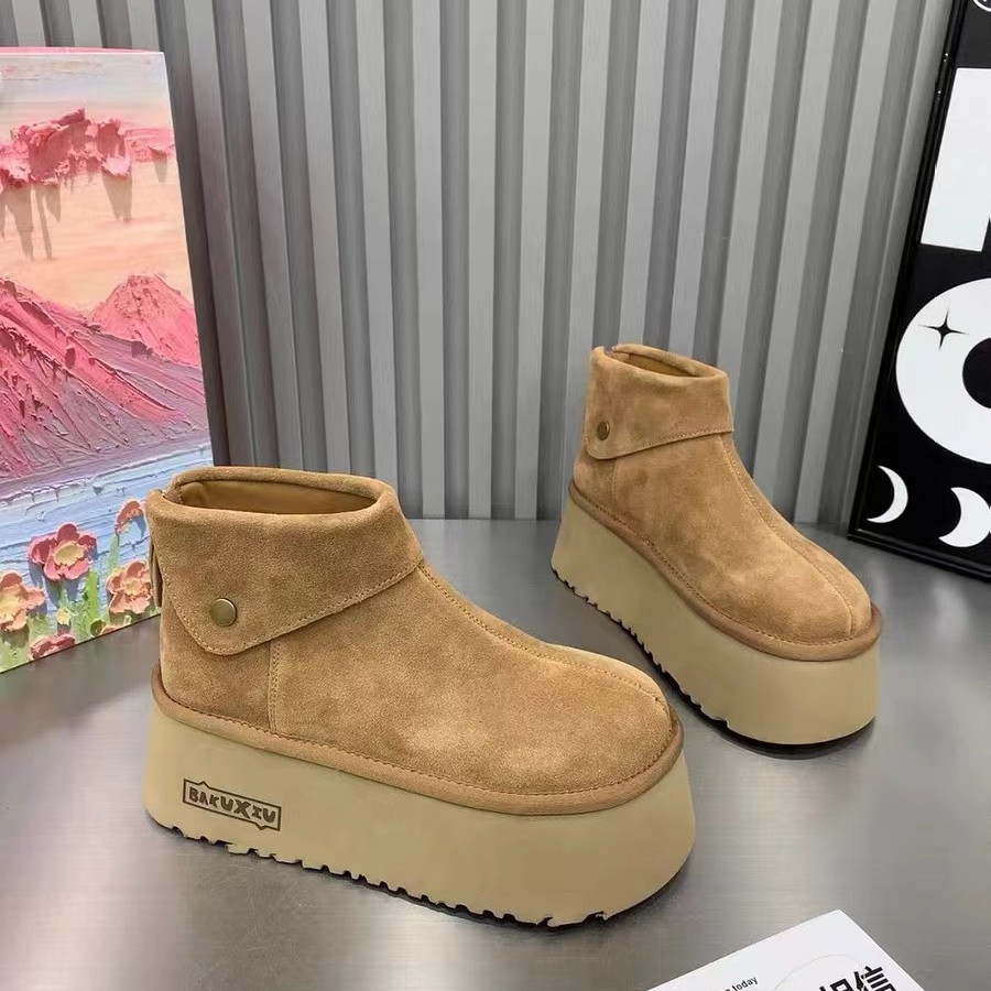 Free Shipping Simple casual shoes thick soled sponge snow boots women's shoes bread shoes height increasing frosted leather short boots NEW