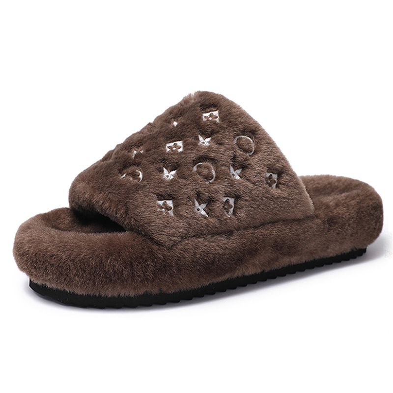 Designer shoes hot free shipping High quality fur integrated slippers new anti slip thick bottom indoor outdoor warm cotton flat slippers white grey b