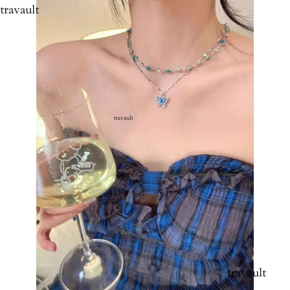 DHCollections Double Layer Wear Blue butterfly Zircon Necklace Light High Sense Clavicle Chain Fashion Design Niche Accessories