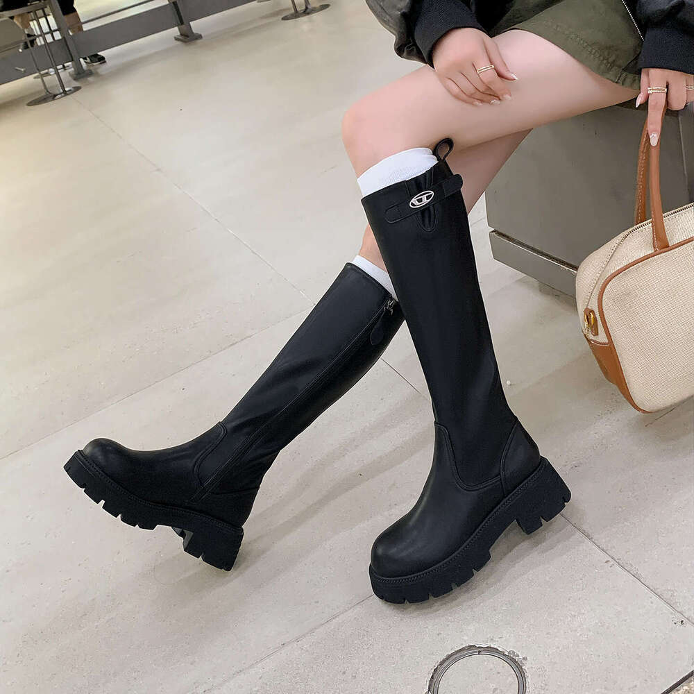 Shoes British Belt Buckle High Tube Knight Petite Thick Sole with Fleece Lining Chunky Heel Long Boots for Women Trendy
