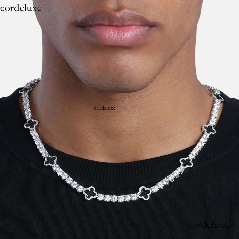VVS Tennis Chain with Black Agate Clover Leafs Iced Out Moissanite Necklace Officiant Anniversary Gift c9