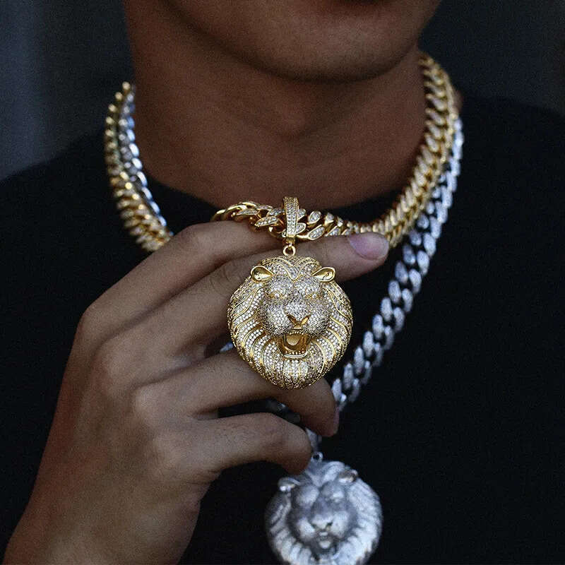 Hip Hop Large Lion Head Pendant Necklace TopBling 5A Zircon Real Gold Plated Mens Jewelry