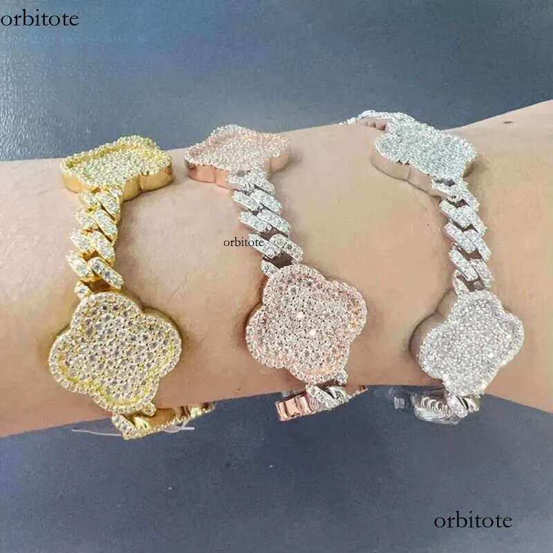 Goldleaf New Product SIER Moissanite Trendy Hip Hop Style Iced Out Lucky Flower Cuban Link Chain Bracelet 16