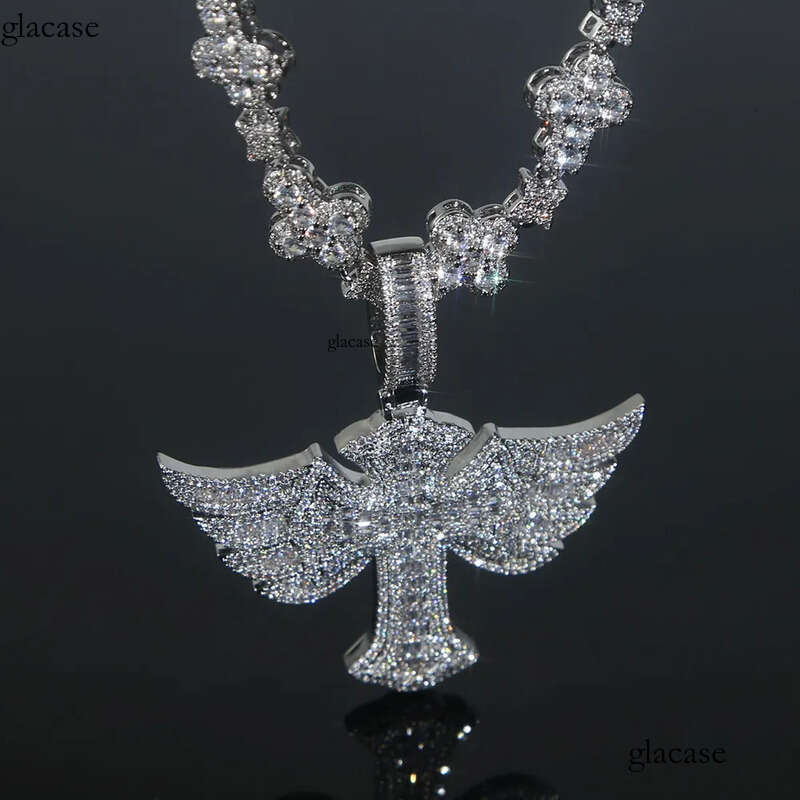 Hip Hop Wing Cross Pendant Necklace with Chain 5A Zircon White Gold Plated Religious Men Jewelry 4b