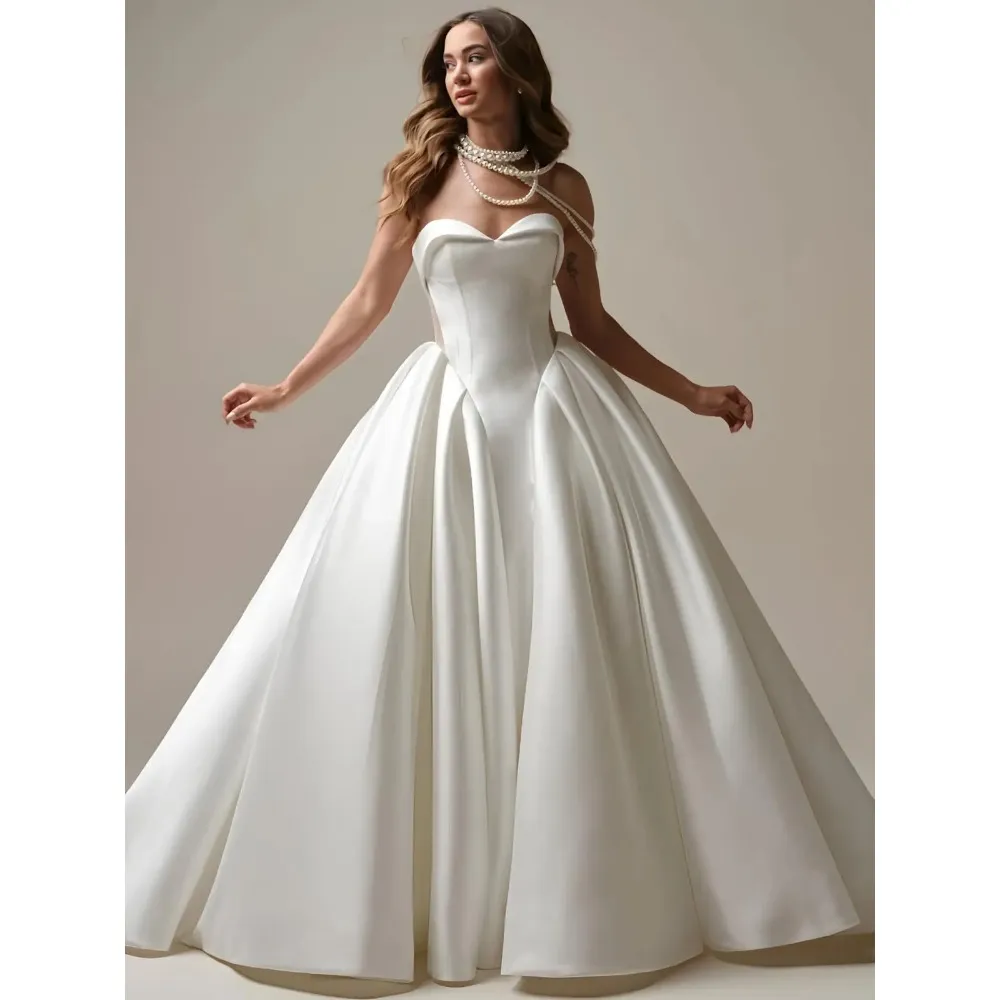 Simple Satin A-Line Wedding Dresses Pleats Strapless Puffy Princess Bride Gown With Pockets Long Sweetheart Corset Formal Dress Lace-Up Back - view 5