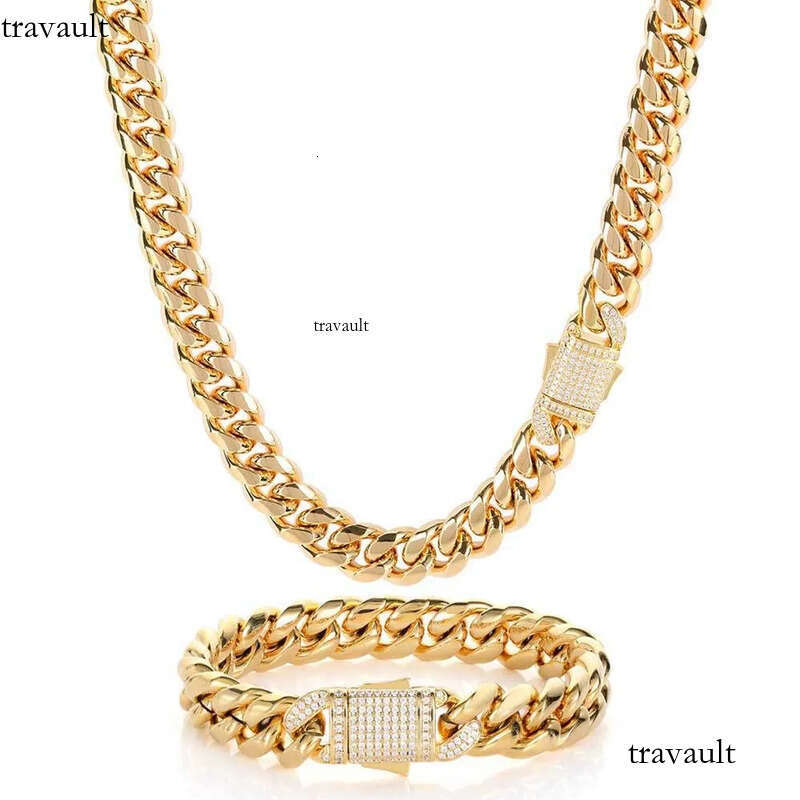 10/12MM Titanium Steel Plated Gold Miami Cuban Link Chain Mens Necklace Inlaid CZ Dia In Spring Buckle Personalized chains Hip Hop Designer Jewelry Gi