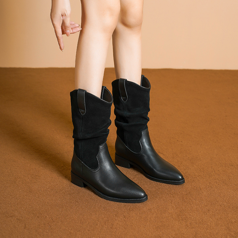 Brown Western Cowboy Boots Women's Fall/Winter 2025 New Pointed Mid-Leg Maillard Knight Stacked Thick-Heeled Booties