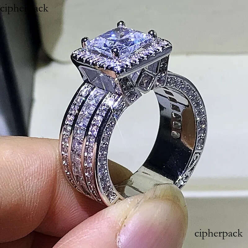 Rulalei Stunning Jewelry Sterling Sier Princess Cut Full White Topaz CZ Dia Promise Women Wedding Band Ring For Lover Gift cc
