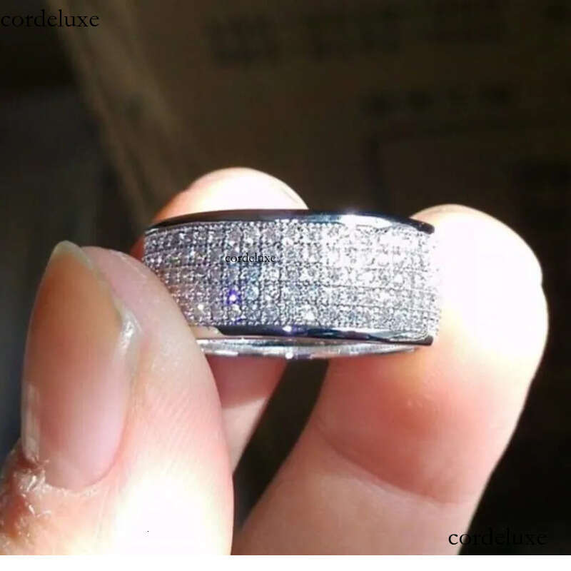 2024 Sparkling Hip Hop 5 Rows Pave Micro 5A Cubic Zircon Wedding Rings Jewelry Sterling Sier Fill Gorgeous Party Women Men Finger Ring Gift 87